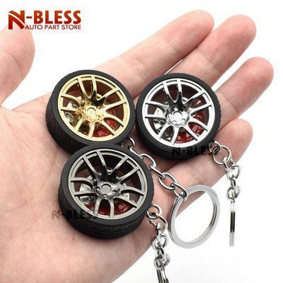 Car Tuning Alloy Wheel Rim Keychain Key Chain Auto Car Keyring Holder with spin Brake discs hub Key ring for Benz Toyota Fans