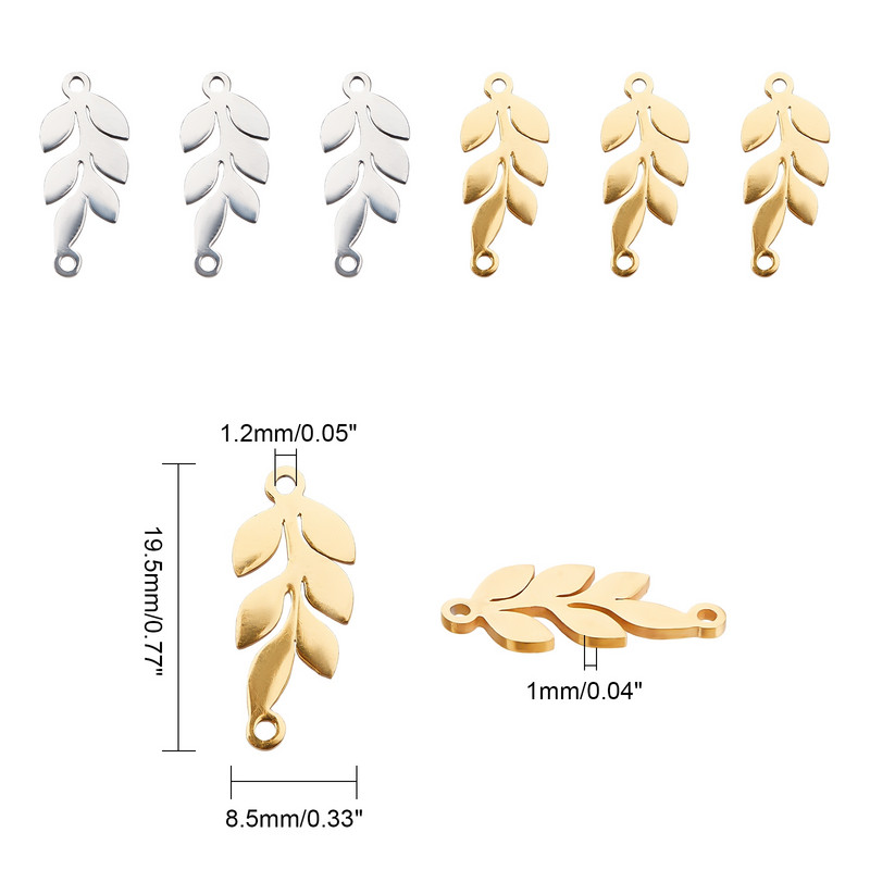 50 бр. Съединители за връзки от неръждаема стомана Талисмани Лазерно изрязани листа с форма 19,5x8,5x1 мм за ръчно изработени колиета, гривни, изработка на бижута