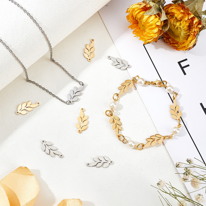 50 бр. Съединители за връзки от неръждаема стомана Талисмани Лазерно изрязани листа с форма 19,5x8,5x1 мм за ръчно изработени колиета, гривни, изработка на бижута