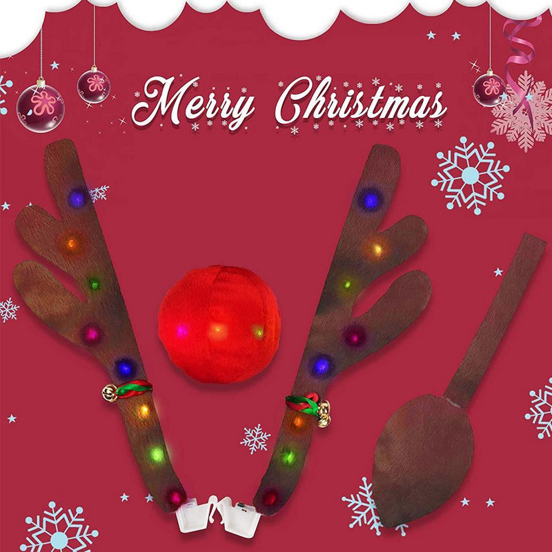 Decoratune ren Mașină Vehicul Coarn pentru nas Set de costume Rudolph Crăciun Coarn de ren Ornamente pentru nas roșu Coarn de elan cu lumină