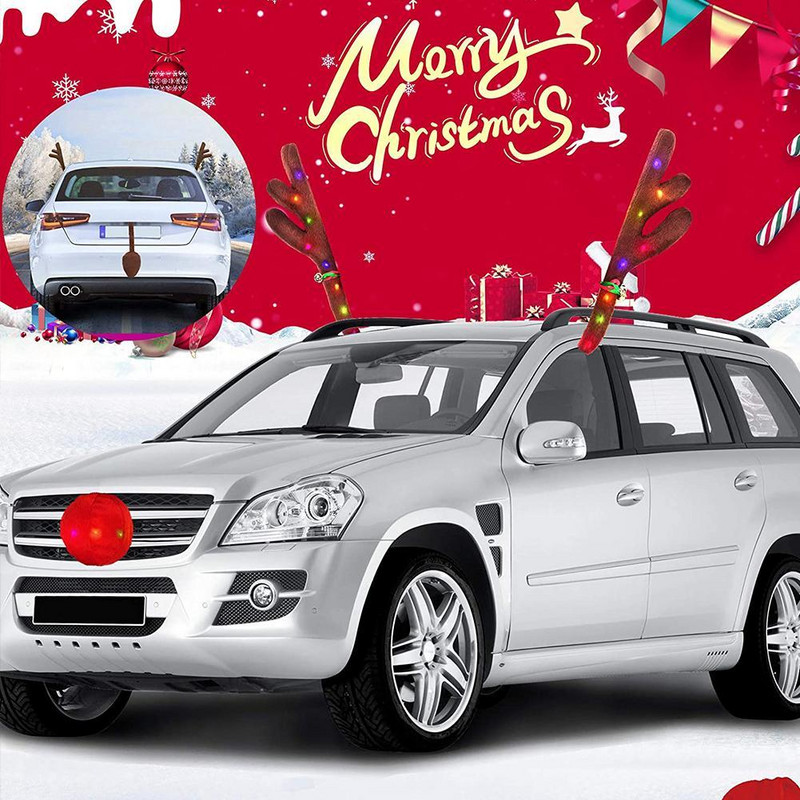 Decoratune ren Mașină Vehicul Coarn pentru nas Set de costume Rudolph Crăciun Coarn de ren Ornamente pentru nas roșu Coarn de elan cu lumină