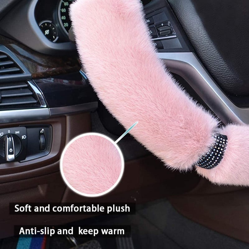 38 cm pūkuotas vairo dangtelis Pliušiniai vairo dangteliai su Bling kalnų krištolo deimantiniu šiltu dangteliu žiemai mergaitei