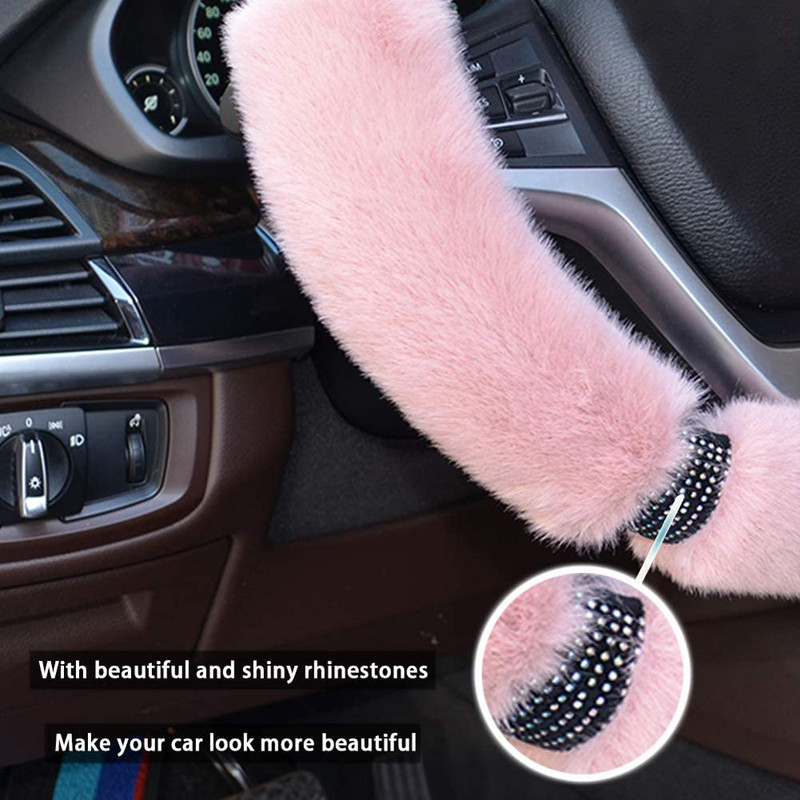 38 cm pūkuotas vairo dangtelis Pliušiniai vairo dangteliai su Bling kalnų krištolo deimantiniu šiltu dangteliu žiemai mergaitei