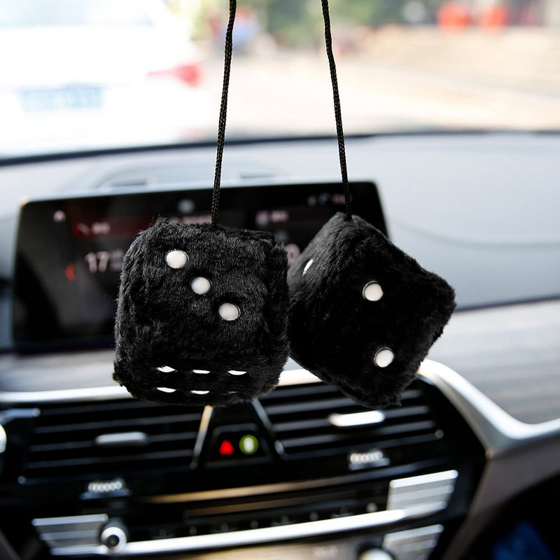 Pereche de zaruri de pluș neclare cu oglindă pătrată retro agățată cu puncte pentru decorarea interioară a mașinii