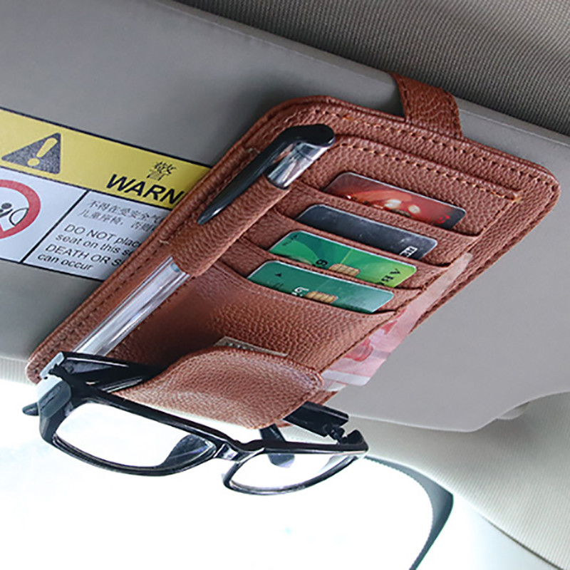 Suporturi pentru ochelari de soare pentru mașină, cu cleme, organizator de carduri pentru bilete, geantă de depozitare din piele PU pentru carcasă de montare pentru parasolar pentru mașină, accesoriu pentru mașină