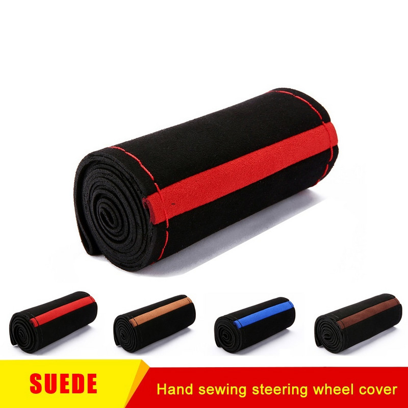 Μαύρο σουέτ Κόκκινο σημάδι πλεξούδα σε τιμόνι Διάμετρος καλύμματος τιμονιού αυτοκινήτου 15 ιντσών / 38 εκ. Αξεσουάρ αυτοκινήτου αυτοκινήτου