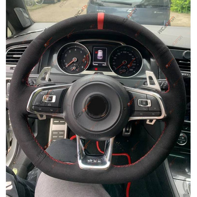 WCaRFun Black Suede auto stūres pārsegs priekš Volkswagen VW Golf R MK7 Golf 7 GTI VW Polo GTI Scirocco 2015 2016