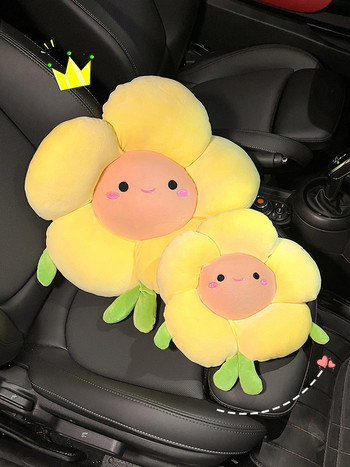 Σετ μαξιλαριού οσφυϊκού προσκέφαλου αυτοκινήτου Cartoon Lovely Cute Neck Support Sun Flower Λούτρινο μαξιλάρι καθίσματος Κάλυμμα μέσης για κορίτσια Αξεσουάρ