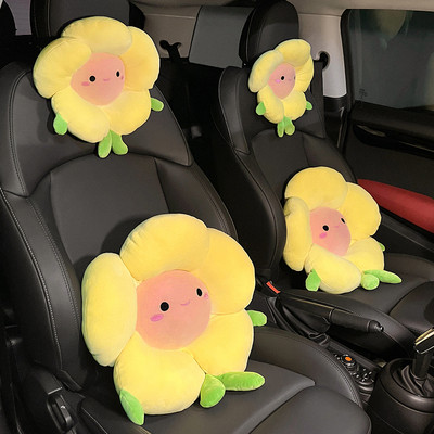 Set de perne lombare pentru tetieră pentru mașină cu desene animate, drăguț, suport pentru gât, floare de soare, pernă de pluș pentru scaun, husă de talie pentru fete, accesorii