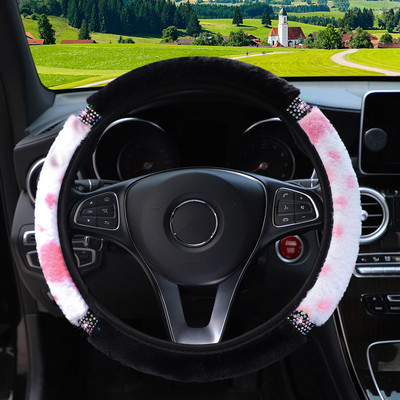 Capa volanului mașinii cu model de vaca de iarnă din pluș cu incrustație de diamante cu capac de mâner universal antiderapant de pluș cald pentru femei fete