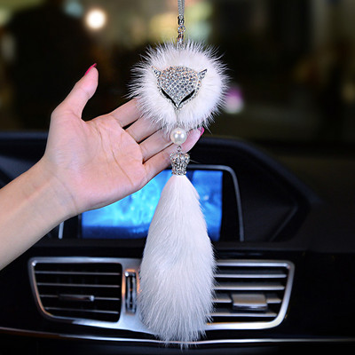 Automašīnas kristāla Bling Fox plīša kažokādas astes lodīšu kulons Dzīvnieku automašīnas salona apdare Aizmugurējā skata spoguļa ornamentu aksesuāri sievietēm
