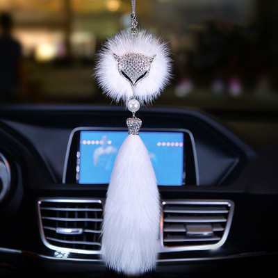 Autó Crystal Bling Fox plüss szőrme farok golyós medál állat autó belső dekoráció hátulnézet tükör dísztartozékok nőknek