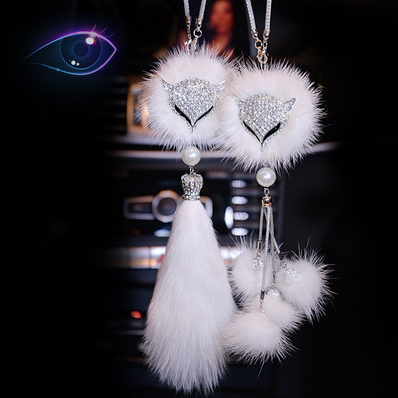 Autó Crystal Bling Fox plüss szőrme farok golyós medál állat autó belső dekoráció hátulnézet tükör dísztartozékok nőknek