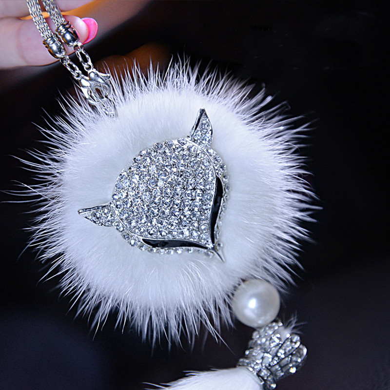 Autó Crystal Bling Fox plüss szőrme farok golyós medál állat autó belső dekoráció hátulnézet tükör dísztartozékok nőknek