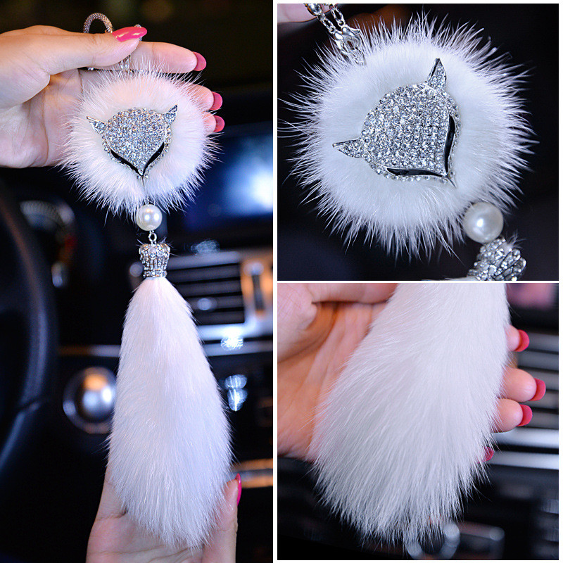 Autó Crystal Bling Fox plüss szőrme farok golyós medál állat autó belső dekoráció hátulnézet tükör dísztartozékok nőknek