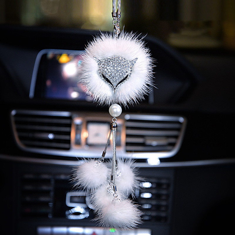 Autó Crystal Bling Fox plüss szőrme farok golyós medál állat autó belső dekoráció hátulnézet tükör dísztartozékok nőknek