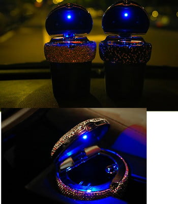 Φορητό σταχτοδοχείο διαμαντιών με μπλε φως LED, Μίνι ανοξείδωτο σταχτοδοχείο οχήματος Αξεσουάρ αυτοκινήτου Bling για γυναίκες