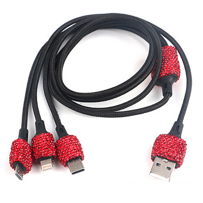 „Bling“ USB automobilinis įkroviklis 5 V / 2,1 A „Crystal Decoration“ dviejų prievadų greitas adapteris, 3,9 pėdų nailono C tipo „Micro USB 3-in-1“ kelių įkrovimo laidas