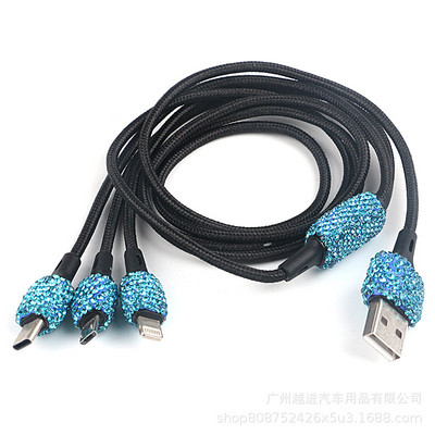 „Bling“ USB automobilinis įkroviklis 5 V / 2,1 A „Crystal Decoration“ dviejų prievadų greitas adapteris, 3,9 pėdų nailono C tipo „Micro USB 3-in-1“ kelių įkrovimo laidas