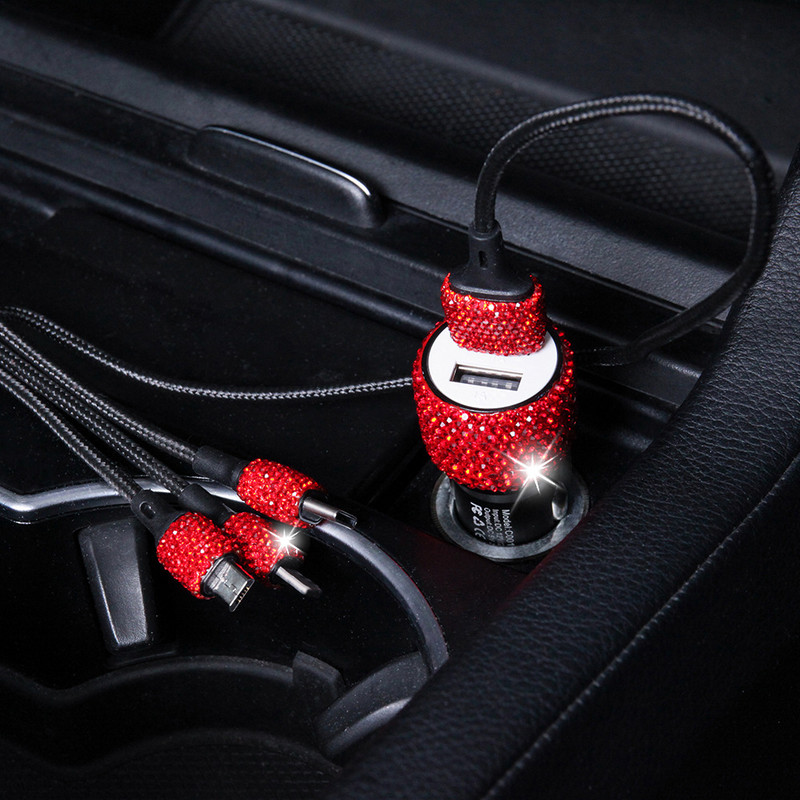 „Bling“ USB automobilinis įkroviklis 5 V / 2,1 A „Crystal Decoration“ dviejų prievadų greitas adapteris, 3,9 pėdų nailono C tipo „Micro USB 3-in-1“ kelių įkrovimo laidas