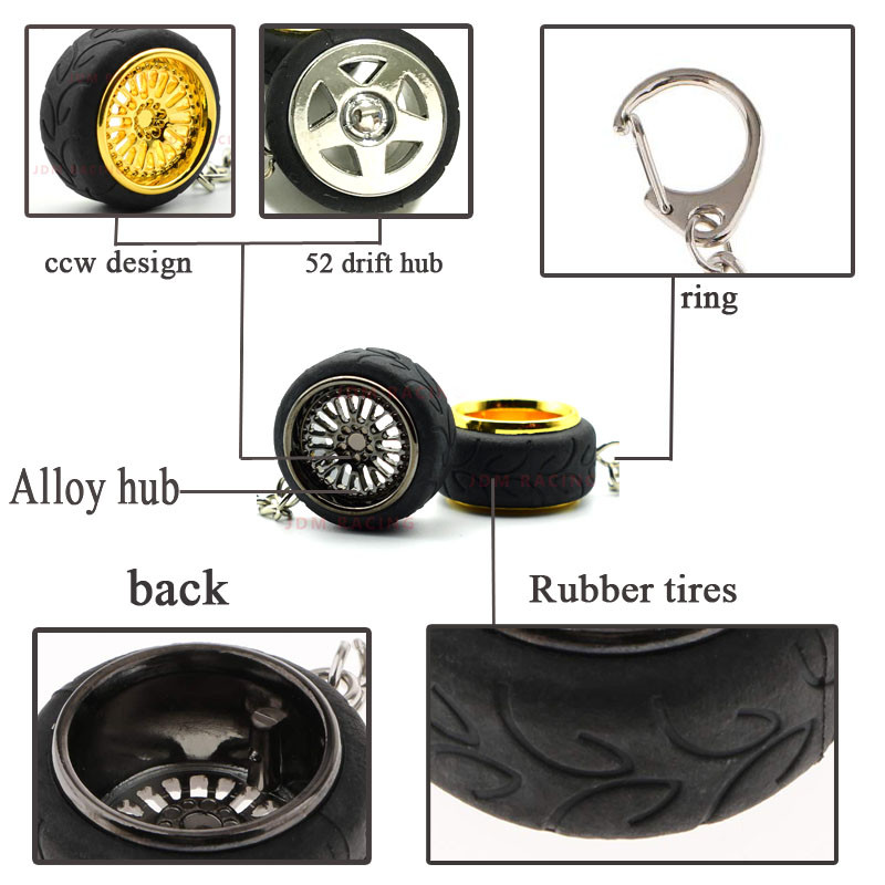 Autóalkatrész modell Fém kulcstartó kulcstartó tartó keréktárcsa gumi kulcstartó könnyűfém kerékagy kreatív ajándék autó szerelmeseinek