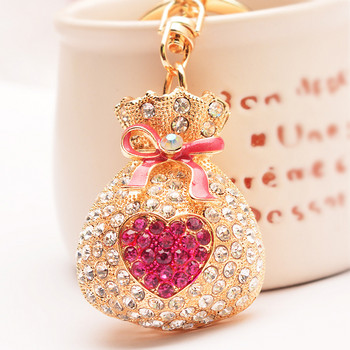 Χαριτωμένο Rhinestone Crystal Pink Lucky Heart Bag Money Bag Keychain Fortune Bag Μπρελόκ Θήκη για μπρελόκ Κρεμαστό μπρελόκ