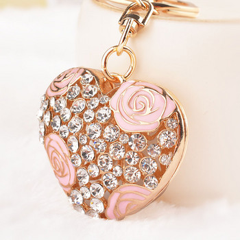 Χαριτωμένο στρας σε σχήμα καρδιάς κρύσταλλο ροζ τριαντάφυλλα Μπρελόκ Σύμβολο αγάπης Λουλούδι Μπρελόκ Θήκη κρεμαστό μπρελόκ