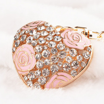 Χαριτωμένο στρας σε σχήμα καρδιάς κρύσταλλο ροζ τριαντάφυλλα Μπρελόκ Σύμβολο αγάπης Λουλούδι Μπρελόκ Θήκη κρεμαστό μπρελόκ