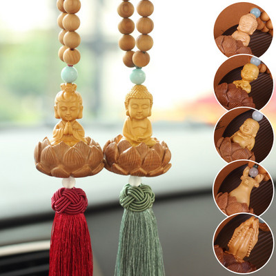 Китайски стил дървена издълбана статуя на Буда Лотос Висулка за кола Creative Lucky Fortune Jewelry Decor Xmas Charming Car Accessories