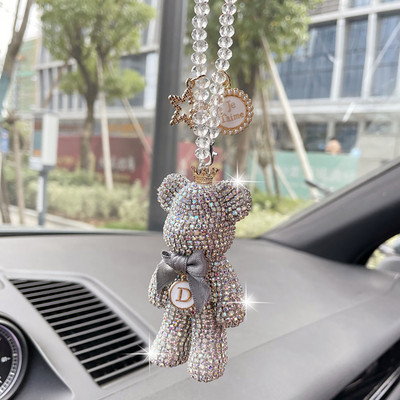 Карикатура Diamond Crystal Bow Bear Автомобилна висулка Огледало Висящи орнаменти Bling Автомобилна интериорна декорация Дамски аксесоари