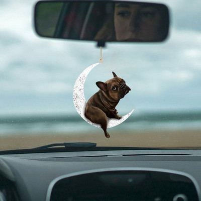 2D висулка с огледало за обратно виждане за кола Куче висулка Седящо на луната Сладко плюшено кученце Висящ орнамент Ключодържател Висулка Интериорен декор
