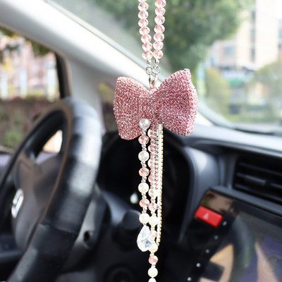 Radošs Diamond Bowknot Automašīnas kulons Cute Crystal Pušķi Ķēde Atpakaļskata Spogulis Ornaments Pērle Rhinestone Auto aksesuāri Sievietēm
