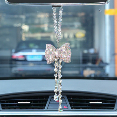 Radošs Diamond Bowknot Automašīnas kulons Cute Crystal Pušķi Ķēde Atpakaļskata Spogulis Ornaments Pērle Rhinestone Auto aksesuāri Sievietēm