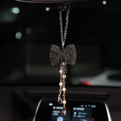 Radošs Diamond Bowknot Automašīnas kulons Cute Crystal Pušķi Ķēde Atpakaļskata Spogulis Ornaments Pērle Rhinestone Auto aksesuāri Sievietēm