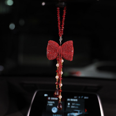 Radošs Diamond Bowknot Automašīnas kulons Cute Crystal Pušķi Ķēde Atpakaļskata Spogulis Ornaments Pērle Rhinestone Auto aksesuāri Sievietēm