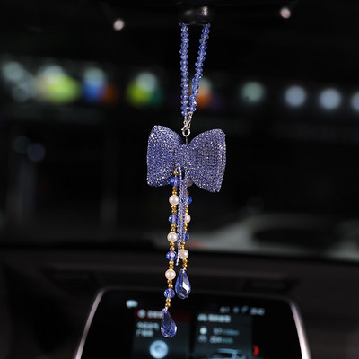 Radošs Diamond Bowknot Automašīnas kulons Cute Crystal Pušķi Ķēde Atpakaļskata Spogulis Ornaments Pērle Rhinestone Auto aksesuāri Sievietēm