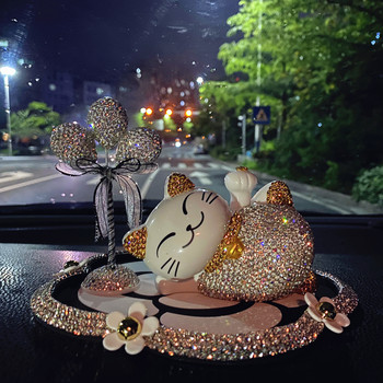 Creative Cartoon Crystal Rhinestone Στολίδι αυτοκινήτου Sleeping Lazy Cat Διακοσμητικό ταμπλό αυτοκινήτου Ηλιακός τυχερός γάτα κούκλα εσωτερικό αυτοκινήτου