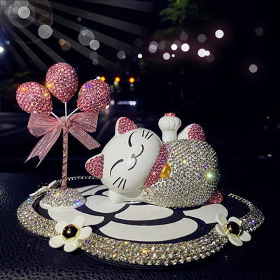 Creative Cartoon Crystal Rhinestone Car Ornament Sleeping Lazy Cat Auto Dashboard Decoration Solar Lucky Cat Doll Car Interior