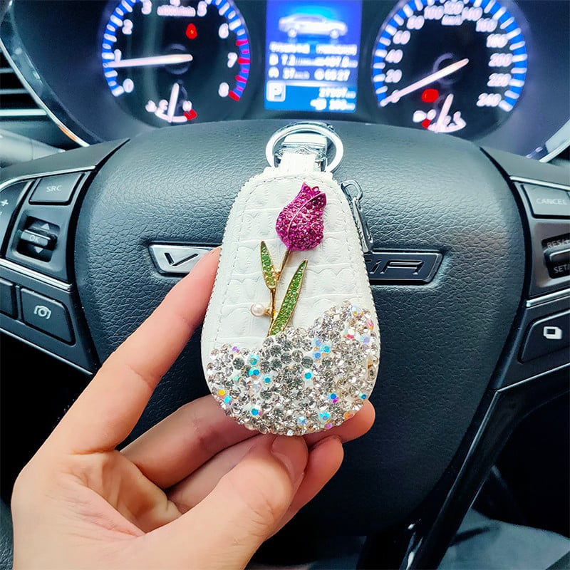 1 buc. Suport chei pentru mașină cu flori, cutie de depozitare, brelocuri cu diamante de cristal, capac pentru chei, geantă pentru chei de la distanță pentru accesorii de interior BMW Lada
