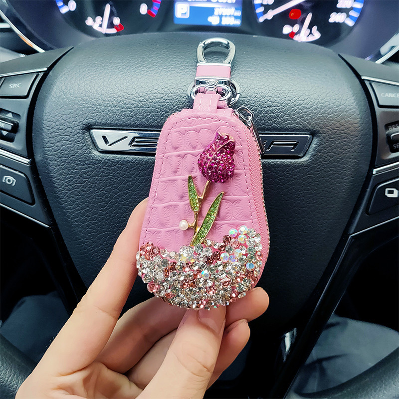 1 buc. Suport chei pentru mașină cu flori, cutie de depozitare, brelocuri cu diamante de cristal, capac pentru chei, geantă pentru chei de la distanță pentru accesorii de interior BMW Lada