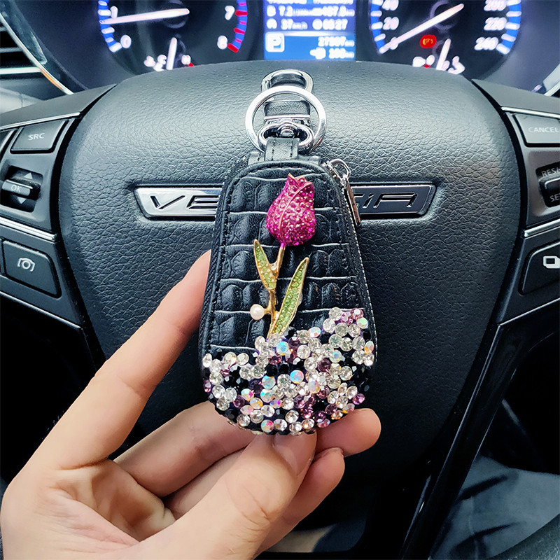 1 buc. Suport chei pentru mașină cu flori, cutie de depozitare, brelocuri cu diamante de cristal, capac pentru chei, geantă pentru chei de la distanță pentru accesorii de interior BMW Lada