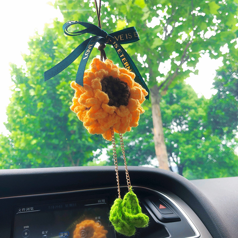 Mados saulėgrąžų automobilio interjero dekoravimas Kūrybinis vilnos nėrimas saulėgrąžų automatinis galinio vaizdo veidrodžio pakabukas automobilio priedams Moteris