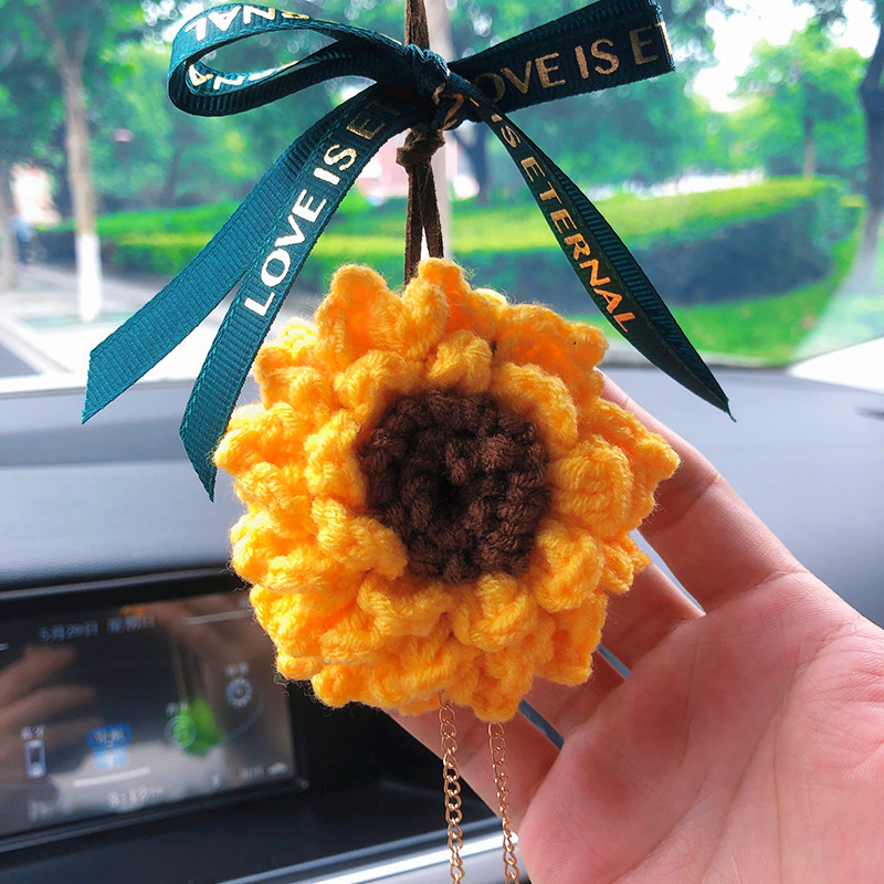 Mados saulėgrąžų automobilio interjero dekoravimas Kūrybinis vilnos nėrimas saulėgrąžų automatinis galinio vaizdo veidrodžio pakabukas automobilio priedams Moteris