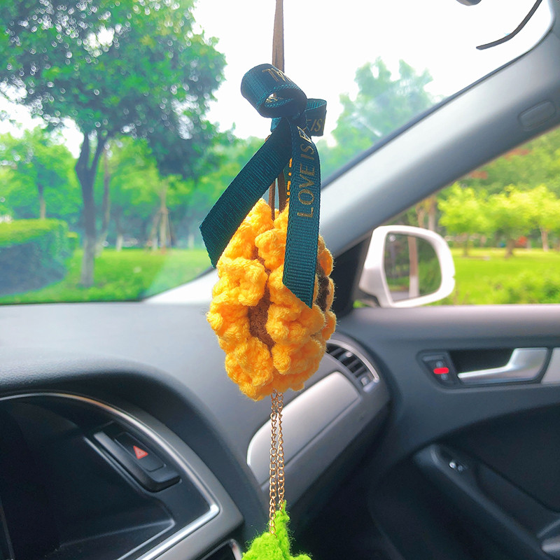 Mados saulėgrąžų automobilio interjero dekoravimas Kūrybinis vilnos nėrimas saulėgrąžų automatinis galinio vaizdo veidrodžio pakabukas automobilio priedams Moteris