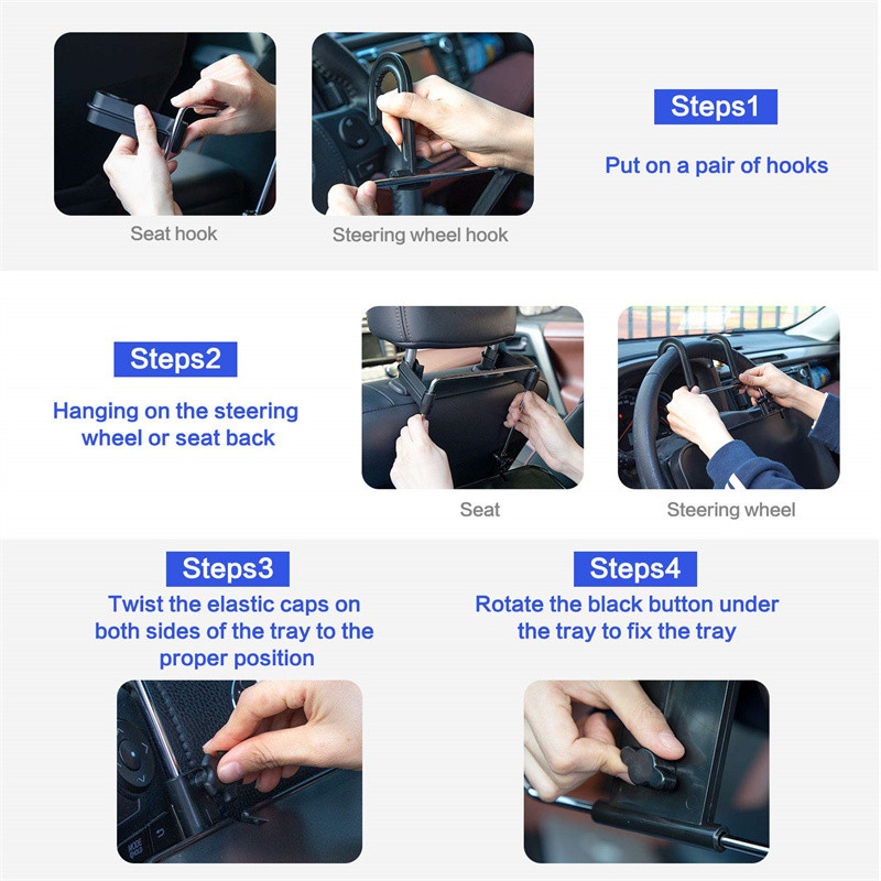Sulankstomas automobilio sėdynės atlošo padėklas maistui valgomojo gėrimo ir nešiojamojo kompiuterio stalui Nešiojamas pakabinamas automobilio vairo stalas juodas