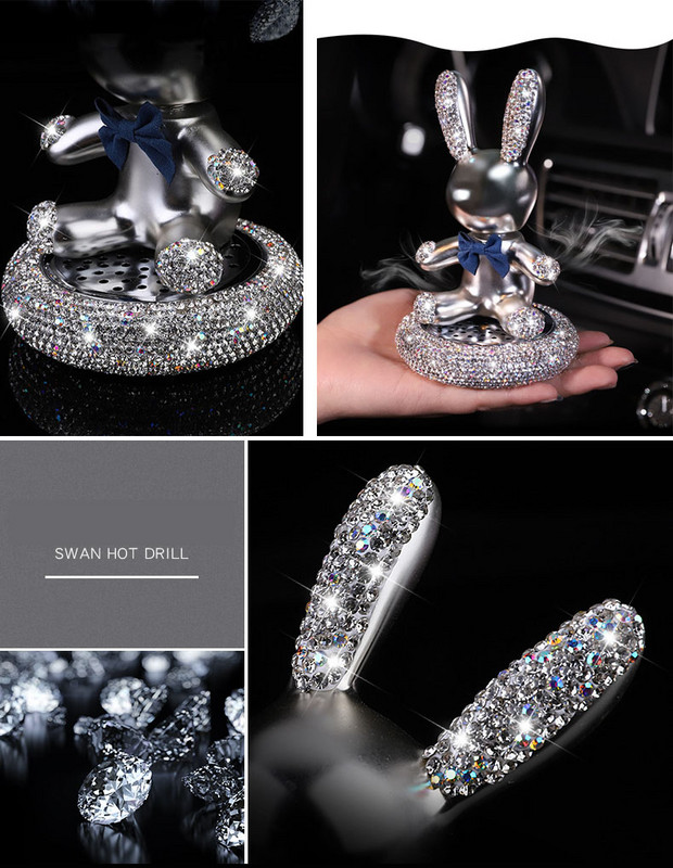 Prabangus krištolinis automobilio interjeras, mielas triušis, purtantis galvą, lėlės papuošalai, kvepalai, automobilių centrinė konsolė, dekoratyvūs automobilių priedai