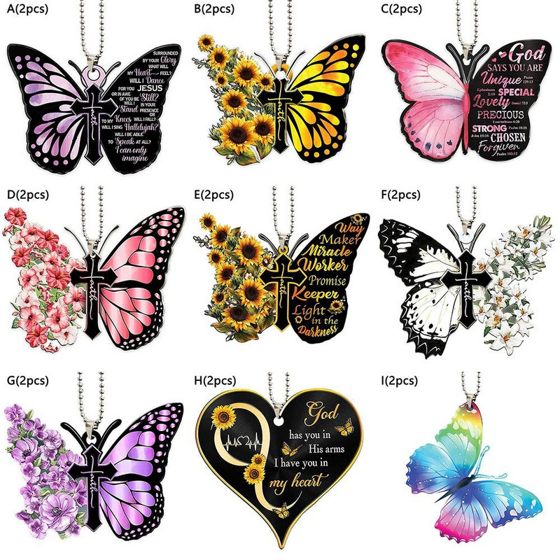 2db Butterfly Cross függő dekoráció autóhoz napraforgó pillangó autós bűbáj Hátulsó tükör Kiegészítők Autóbelső medál