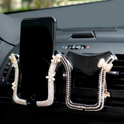 Търговия на едро с диамантено цвете с панделка Универсален държач за телефон за кола Crystal Rhinestone Автомобилна щипка за монтаж на вентилационен отвор Държач за iPhone за кола