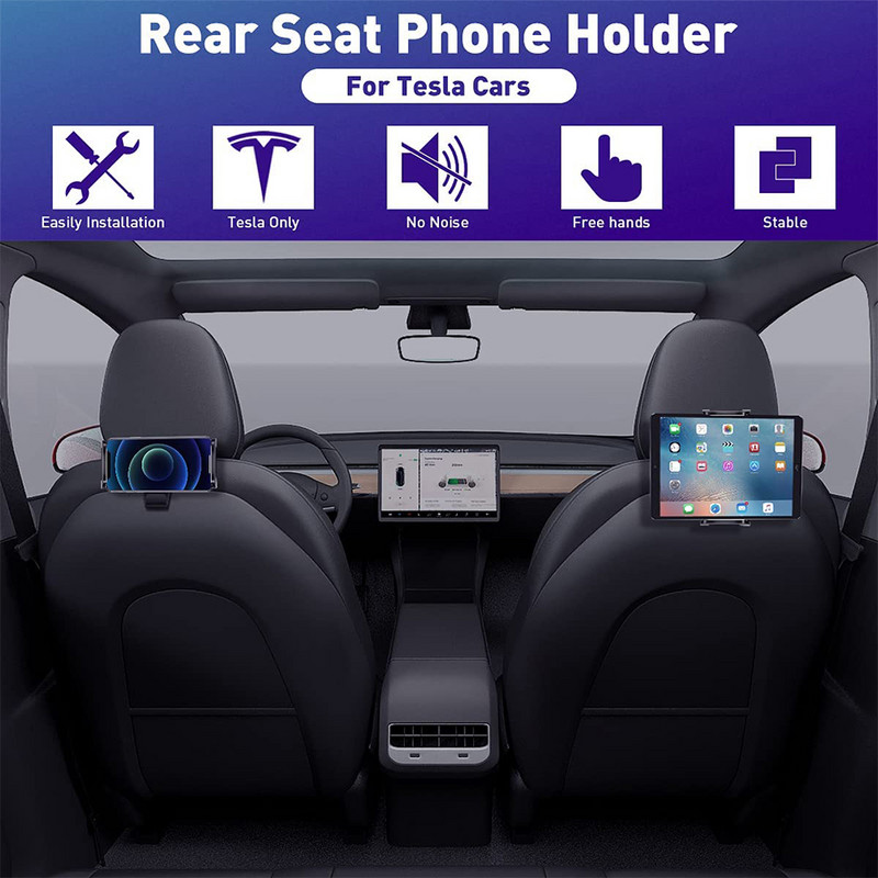 Telefono planšetinio kompiuterio laikiklis, skirtas Tesla Model 3 / Y 360° Reguliuojamas pasukamas galinės sėdynės kompiuterio laikiklis Automatinis galvos atramos palaikymas, skirtas iPad Mini Pro