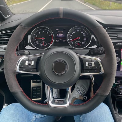 WCaRFun Personalizează husa volan auto din piele intoarsa neagra pentru Volkswagen VW Golf R MK7 Golf 7 GTI VW Polo GTI Scirocco 2015 2016